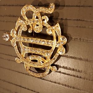 Gorgeous Christian Dior Rhinestone Gold Brooch with Logo Motif. Made in Germany